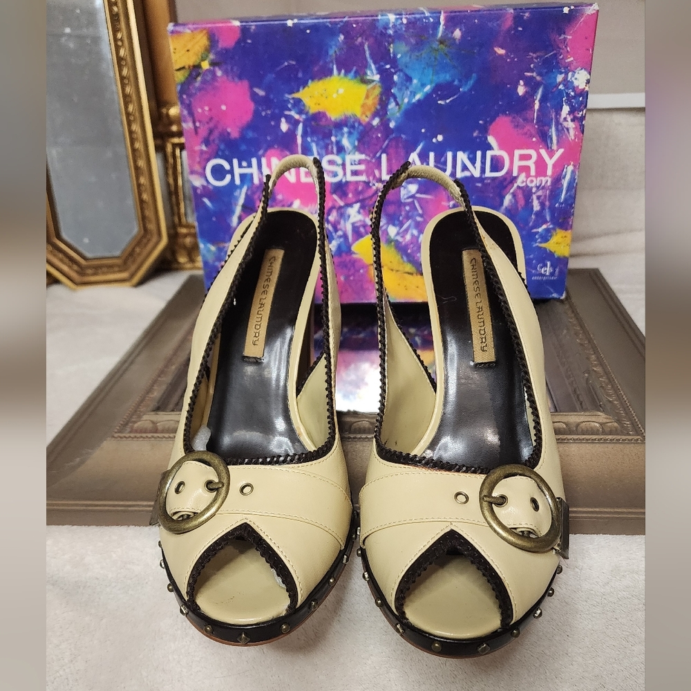 Chinese Laundry Beige Peep Toe Heels with Buckle